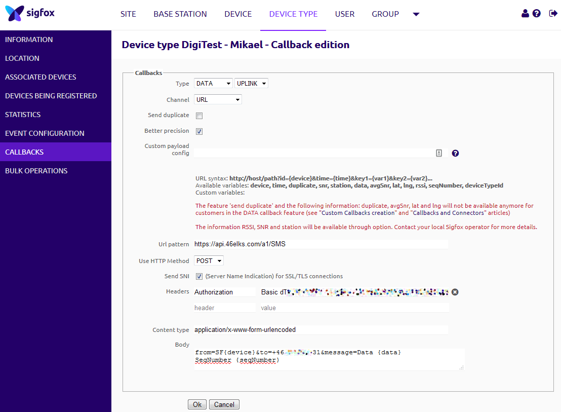 Sigfox IOT platform integrating with 46elks SMS API