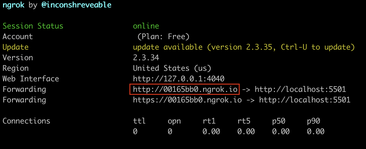 This is what NGROK looks like when you start it in the terminal and shows the URL that you need to copy for further use